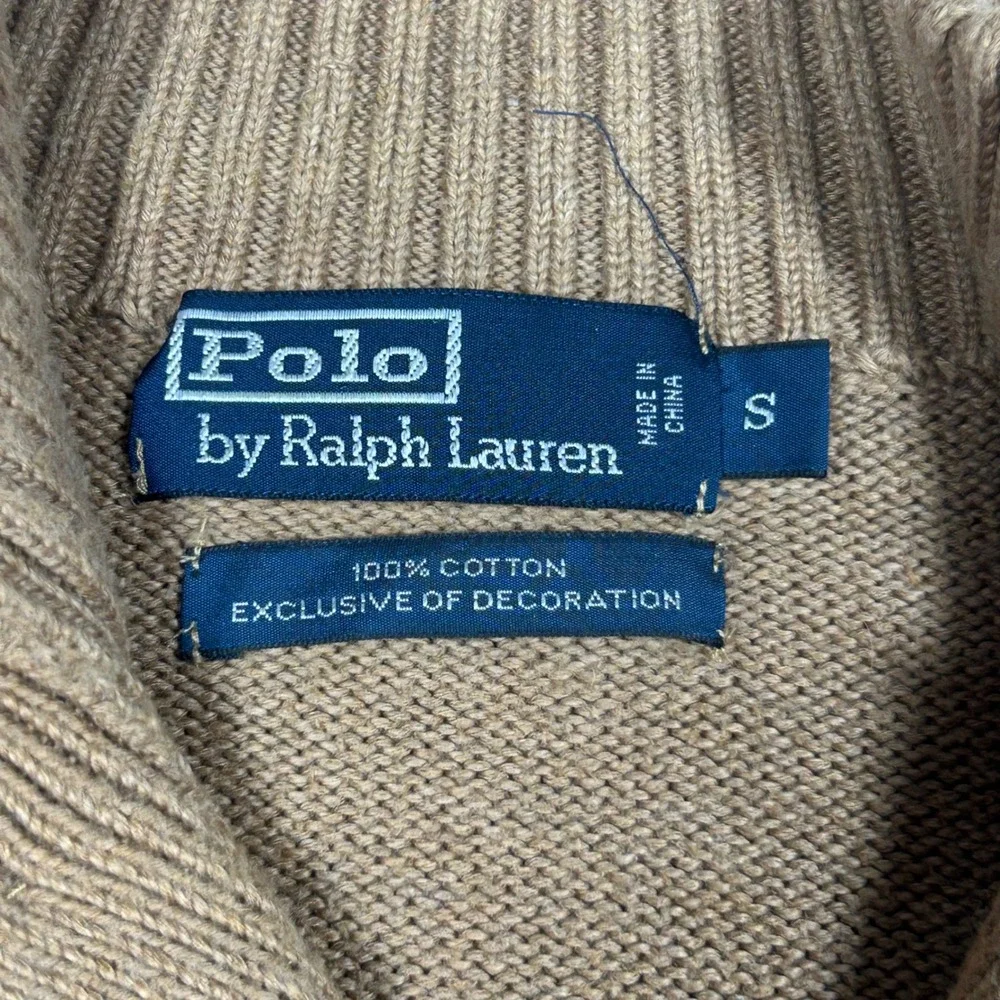 Polo Ralph Lauren Button Mock Neck Sweater Mens S Tan Brown Cotton Pullover Logo